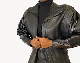 Vintage Leather Jacket Medium Crop Removable Faux Fur Collar Shoulder Pads