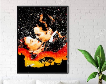 May include: A black and white painting of a couple kissing with a starry night background. The couple is silhouetted against a red and orange sunset with a tree in the foreground.