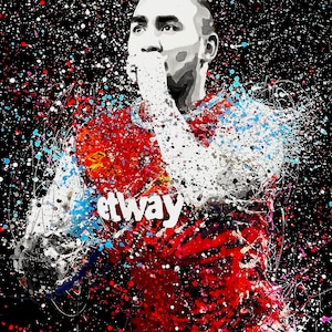 May include: A digital painting of a soccer player in a red and blue jersey with the word "Betway" on the front. The player is wearing a white jersey with red and blue accents. The background is black with white, red, and blue paint splatters.