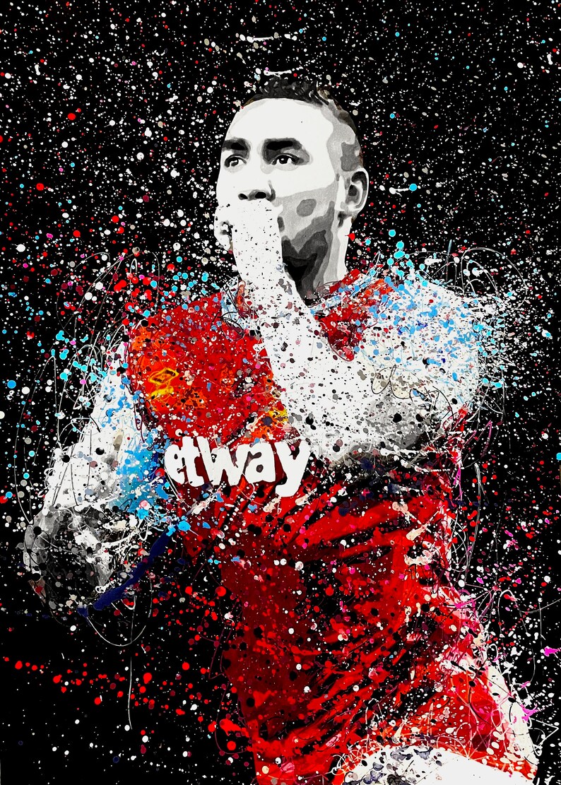 May include: A digital painting of a soccer player in a red and blue jersey with the word "Betway" on the front. The player is wearing a white jersey with red and blue accents. The background is black with white, red, and blue paint splatters.
