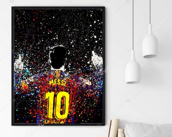 May include: A black and white digital art print of a soccer player wearing a blue and red jersey with the number 10 and the name "MESSI" on the back. The background is black with white and colored paint splatters.