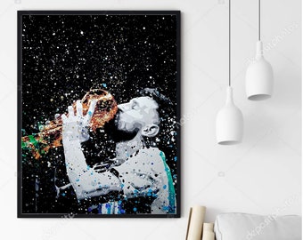 May include: A black and white digital painting of a soccer player kissing a golden trophy. The background is a black canvas with white splatters of paint.