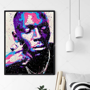 May include: A colorful abstract portrait of a person with pink, blue, and purple paint splatters. The background is a light beige color.