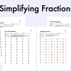 Puede incluir: Tres hojas de trabajo imprimibles para simplificar fracciones. Las hojas de trabajo se titulan "Simplificar fracciones", "¿Se puede simplificar?" y "Simplificar fracciones". Cada hoja de trabajo tiene un ejemplo y una cuadrícula de fracciones para simplificar.