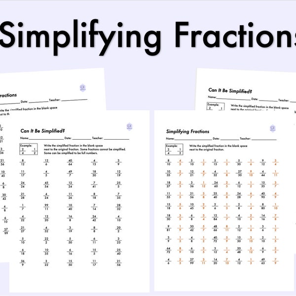 Simplifying Fractions Printable Worksheet Bundle with Answer Keys