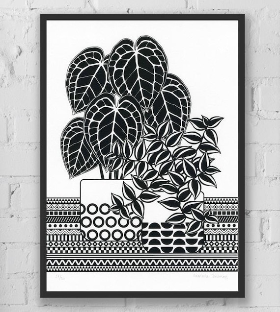Anthurium and Tradescantia Black and White Botanical Screen Print Wall art