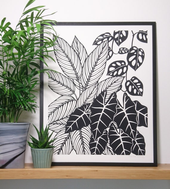 Houseplants Screen Print, Botanical Wall Art, Original Print, Black and White