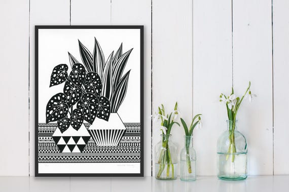 Begonia and Sansevieria Botanical Screen print, Artist Proof, Black and White Original Wall Art,