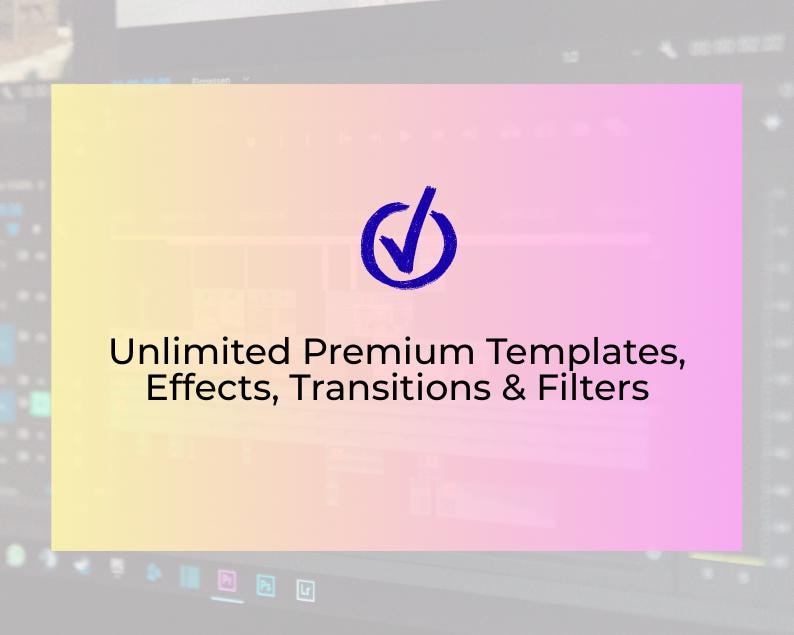 Puede incluir: Un fondo degradado amarillo y rosa con un icono de marca de verificaci&oacute;n azul dentro de un c&iacute;rculo. El texto dice: "Plantillas Premium Ilimitadas, Efectos, Transiciones y Filtros."