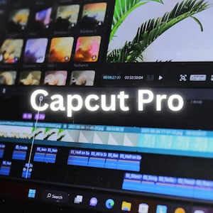 Könnte beinhalten: Ein Computerbildschirm mit der Benutzeroberfläche der Videobearbeitungssoftware Capcut Pro. Der Bildschirm zeigt eine Zeitleiste mit Video- und Audiospuren, Bearbeitungswerkzeugen und einem Vorschaubereich. Der Text "Capcut Pro" ist deutlich sichtbar.