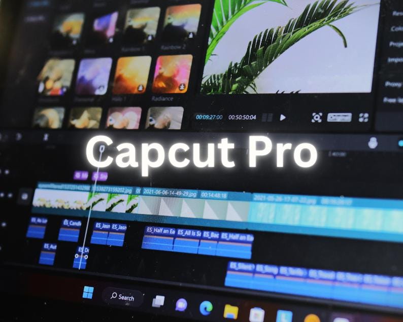 Puede incluir: Una pantalla de ordenador que muestra la interfaz del software de edici&oacute;n de v&iacute;deo Capcut Pro. La pantalla muestra una l&iacute;nea de tiempo con pistas de v&iacute;deo y audio, junto con varias herramientas de edici&oacute;n y una ventana de vista previa. El texto "Capcut Pro" es visible.