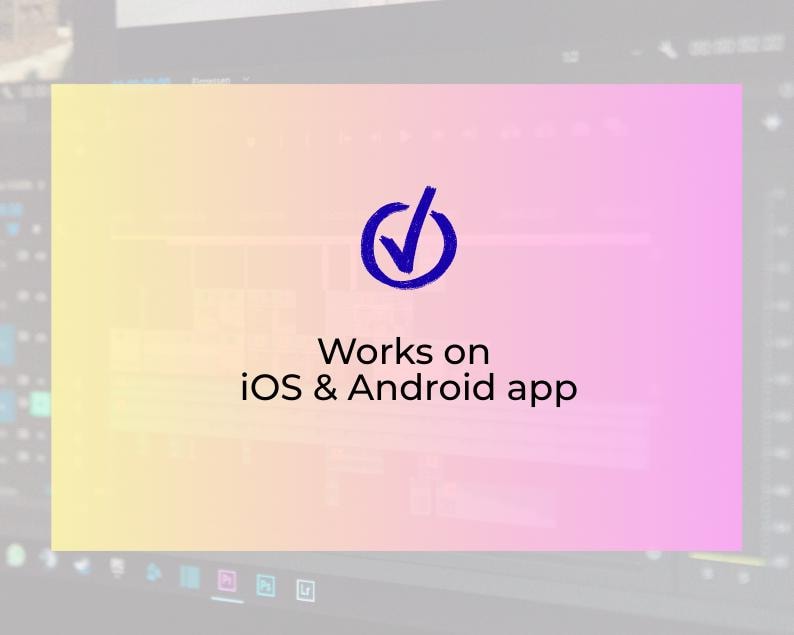 Puede incluir: Un fondo degradado amarillo y rosa con un icono de marca de verificaci&oacute;n azul dentro de un c&iacute;rculo. El texto "Works on iOS & Android app" se muestra debajo del icono.