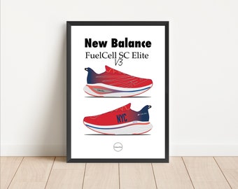 New Balance Fuel Cell SC Elite V3 NCY | Red Blue Carbon Plated Shoe Poster Print | Running Athletics Sport Art