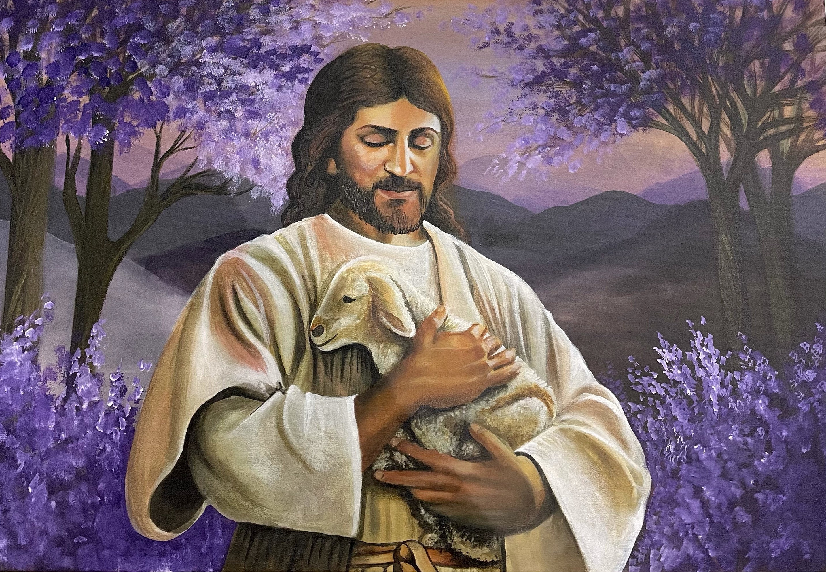 Jesus holding a lamb background landscape | Etsy