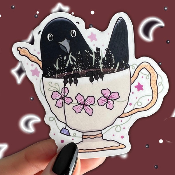 Teacup Crow Sticker | Witchy Sticker, Gothic Sticker, Bird Sticker, Raven Sticker, Cottagecore Stickers, Tea Lover Gift, Teacup Sticker