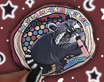 Lip Balm Raccoon Sticker | Funny Animal Stickers, Woodland Animals, Trash Panda, Collector, Hoarder, Animal Meme Stickers, Outdoors, Silly