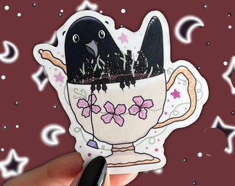 Teacup Crow Sticker | Witchy Sticker, Gothic Sticker, Bird Sticker, Raven Sticker, Cottagecore Stickers, Tea Lover Gift, Teacup Sticker