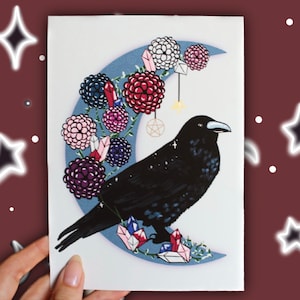 Crow Moon Art Print 5x5 | (Crow Decor, Crow Art, Crow Painting, Crow Sticker, Crow Drawing, Raven Art, Witchy Art, Goth Art Print, Wall Art)