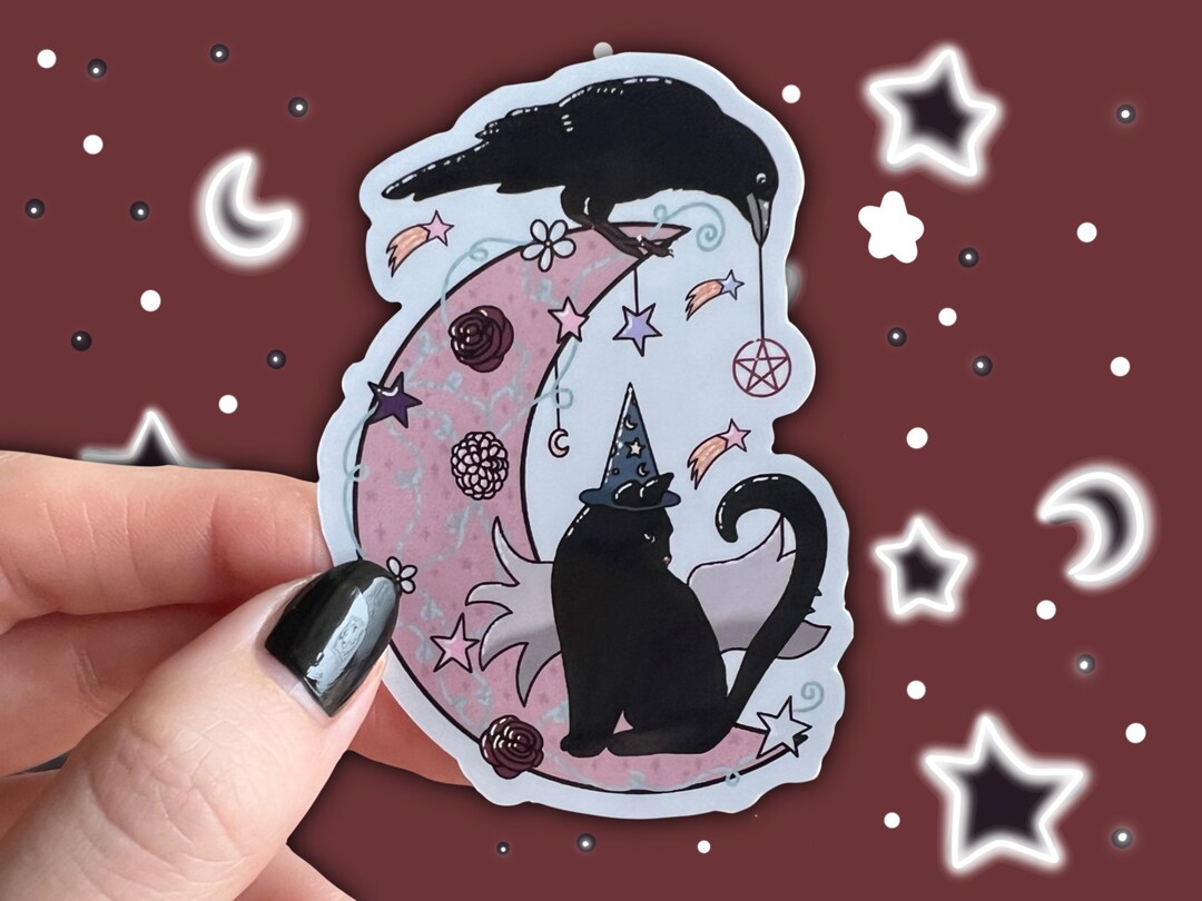 Wizard Cat & Crow Sticker | Halloween Sticker, Bird Sticker, Witchy ...