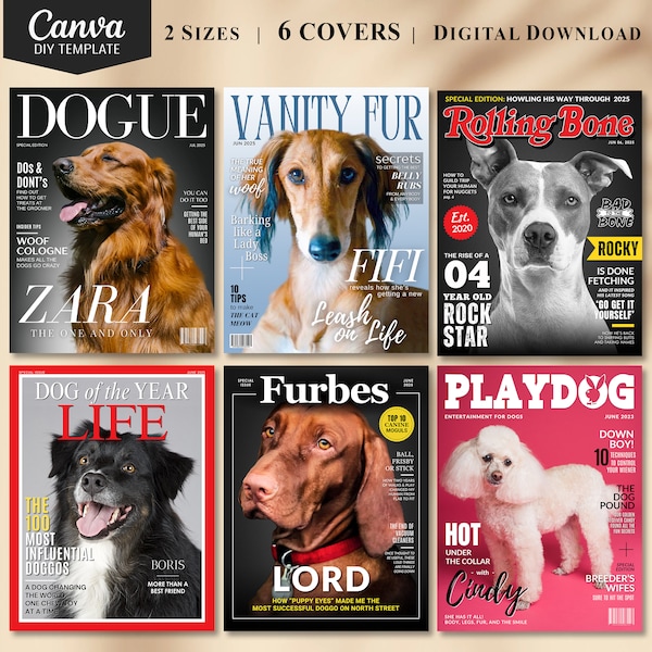 Pet Magazine Cover Template, Pet Magazine Cover Bundle, Custom Pet Portrait DIY Gift for Dog or Cat Owner, Dog Magazine Cover Canva Editable