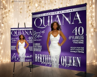 Happy Birthday Backdrop Personalized Decor for Women, Custom Magazine Backdrop with Photo, Black Queen Birthday Decor Matching Welcome Sign