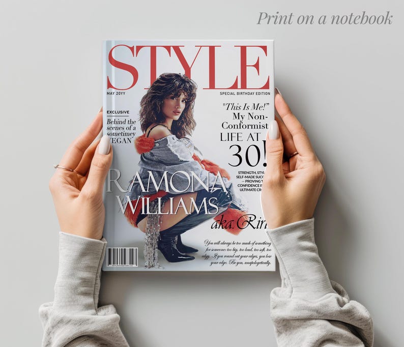 Personalized birthday notebook with custom photo, fashion magazine cover design, 30th birthday gift for her, custom journal keepsake