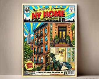 Portret van een huis op maat, gebaseerd op een foto uit een stripboekcover, kunstwerk over ons eerste huis, modern familiehuis, jubileumcadeau, illustratie van een huis op maat