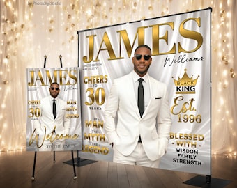 Custom Backdrop with Photo, White Gold Birthday Party Decor, All White Party Banner, Man Myth Legend 40th 50th 60th Birthday Welcome Sign