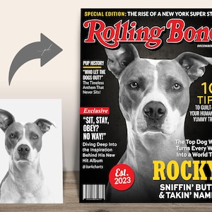 Custom Rolling Bone Magazine Cover — Dog photo turned into Rolling Bone “Rocky” rockstar-style parody magazine.