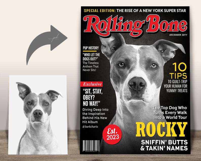 Custom Rolling Bone Magazine Cover — Dog photo turned into Rolling Bone “Rocky” rockstar-style parody magazine.
