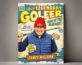 Custom Golfer Comic Book Cover Personalized Golf Gifts for Men, Golf Birthday Card for Dad, Retirement Gift for Golfer Fun Custom Golf Gifts