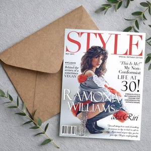 Custom fashion magazine birthday card with personalized photo and envelope, unique gift for her