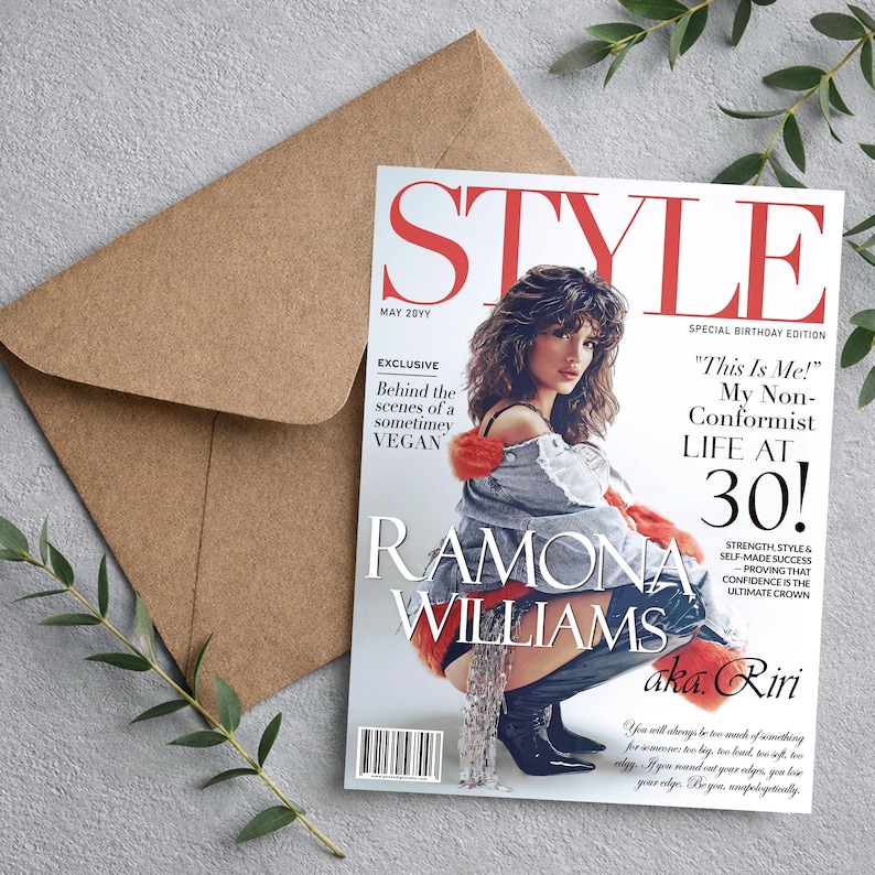 Custom fashion magazine birthday card with personalized photo and envelope, unique gift for her