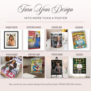 May include: A promotional graphic titled Turn Your Design Into More Than A Poster, showcasing eight custom product examples: a framed poster, stretched canvas, ceramic mug, notebook, plush blanket, greeting card, poster board, and a wall tapestry.