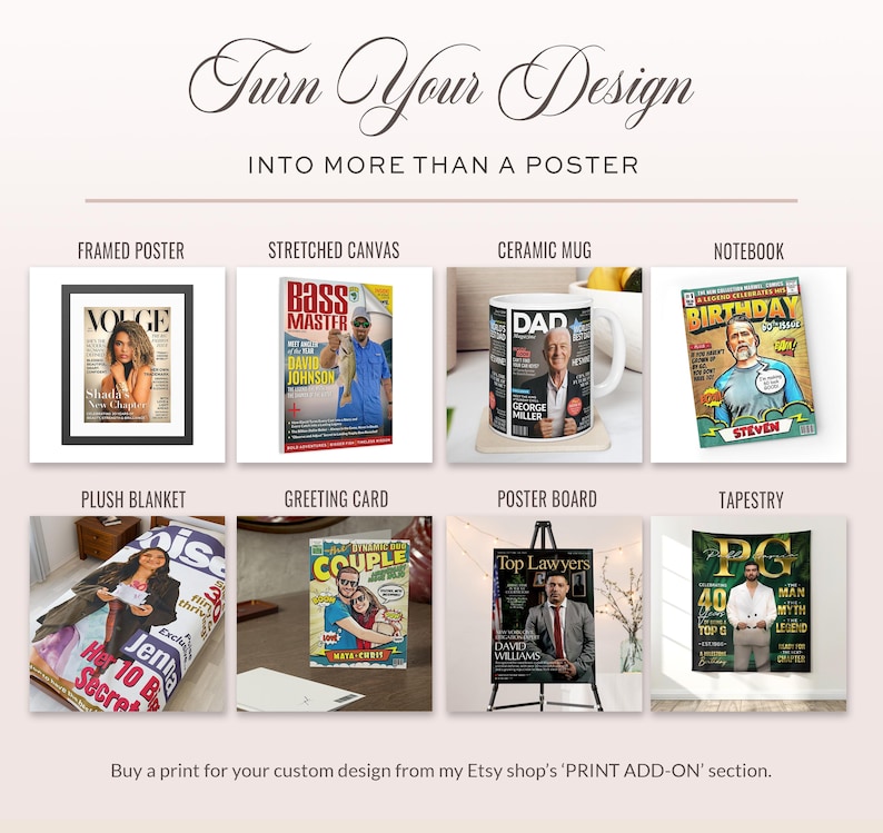 May include: A promotional graphic titled Turn Your Design Into More Than A Poster, showcasing eight custom product examples: a framed poster, stretched canvas, ceramic mug, notebook, plush blanket, greeting card, poster board, and a wall tapestry.