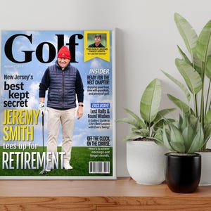 Personalized golf retirement magazine cover displayed with plants, unique retirement keepsake for golfers