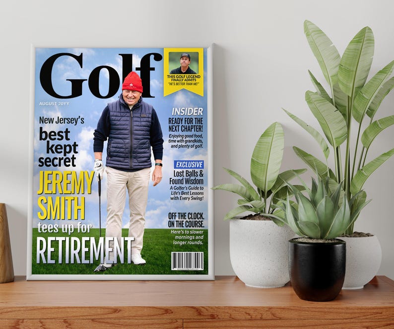 Personalized golf retirement magazine cover displayed with plants, unique retirement keepsake for golfers