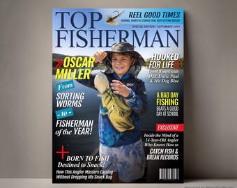 Custom Fishing Magazine Cover for Kids, Fishing Gifts for Boys, Fun Fishing Gift for Son Grandson, Young Angler Personalized Fisherman Gift