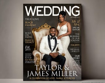 Gepersonaliseerde omslag voor een trouwmagazine, huwelijksjubileumcadeaus, gepersonaliseerd portret van het bruidspaar, decoratie voor de huwelijksceremonie, decoratie voor het jubileumfeest