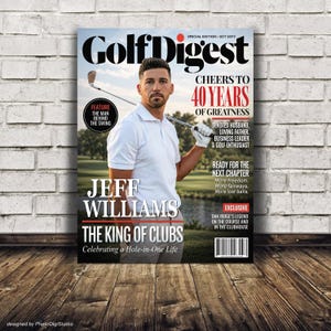 Custom Golf Digest magazine cover displayed on brick wall, personalized golf birthday gift for dad or husband golf custom gifts