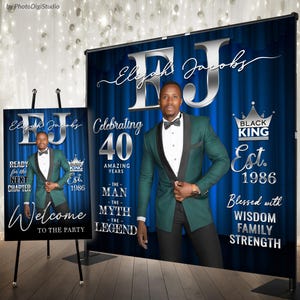 Custom Birthday Backdrop for Men, Elegant Birthday Banner Man Myth Legend, Navy Silver Birthday Banner Personalized Welcome Sign Party Decor