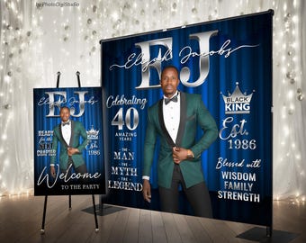 Custom Birthday Backdrop for Men, Elegant Birthday Banner Man Myth Legend, Navy Silver Birthday Banner Personalized Welcome Sign Party Decor