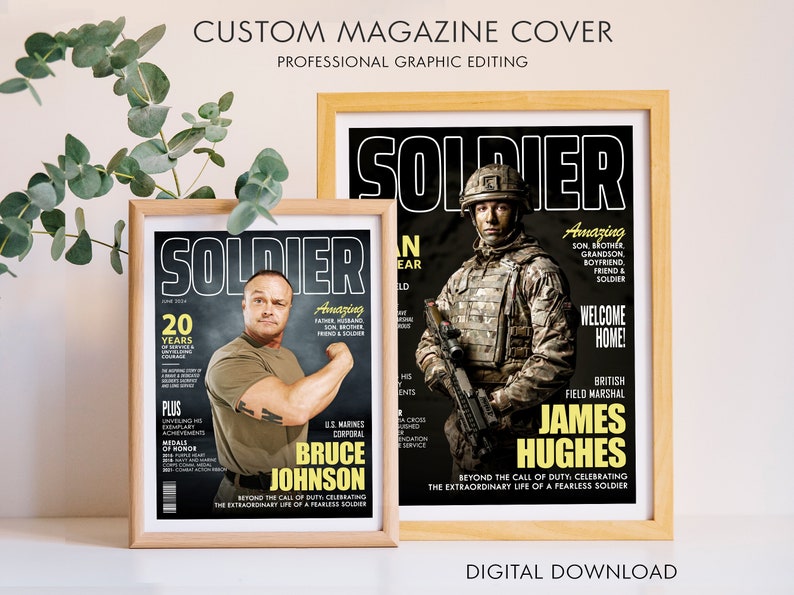 Army Gift Soldier Custom Magazine Cover, Personalized Military Portrait, Army Retirement Gift for Navy Marine Air Force, Army Gift for Him image 1