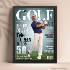 Custom 50th birthday golf magazine cover displayed in a black frame, unique birthday gift for golfer