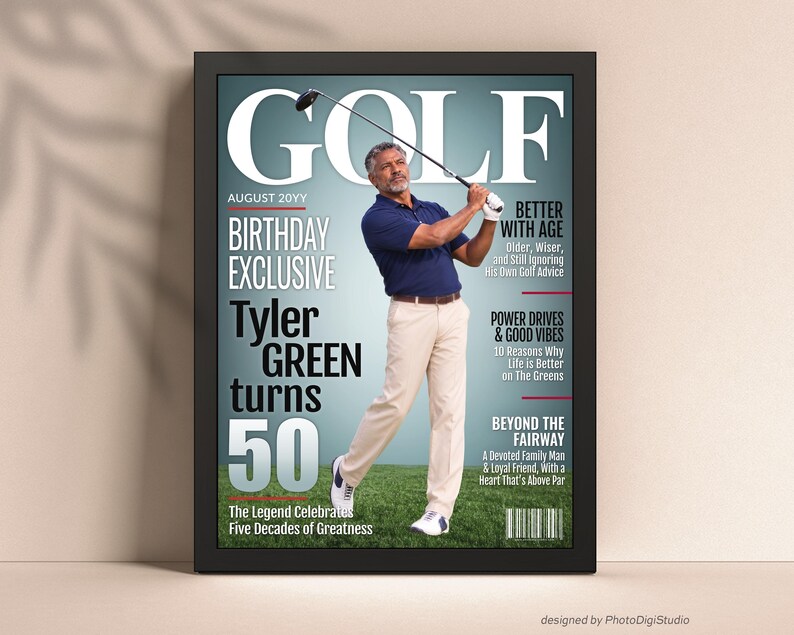 Custom 50th birthday golf magazine cover displayed in a black frame, unique birthday gift for golfer