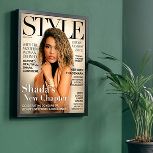 Personalized STYLE magazine cover displayed on a green wall as modern birthday decor