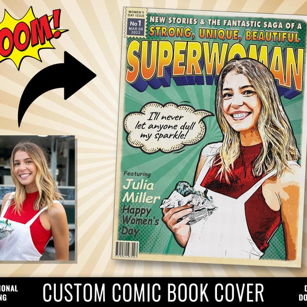 Super Woman Custom Comic Book Cover Cartoon Portrait, Birthday Gift for Her, Anniversary Gifts for Wife Girlfriend, Christmas Gift for Her