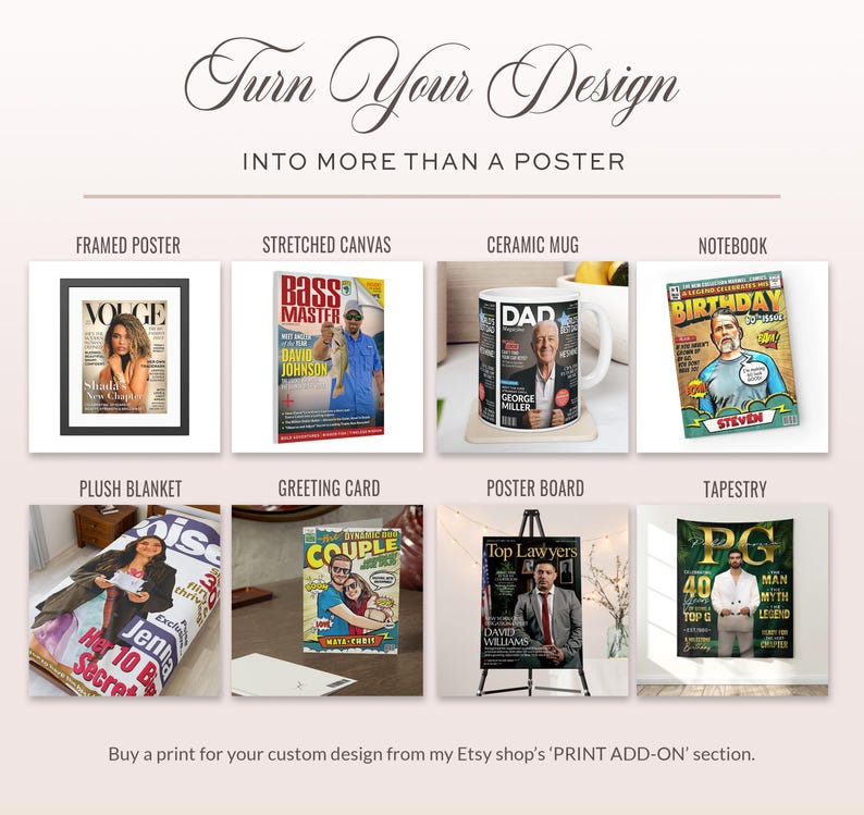 May include: A promotional graphic titled Turn Your Design Into More Than A Poster, showcasing eight custom product examples: a framed poster, stretched canvas, ceramic mug, notebook, plush blanket, greeting card, poster board, and a wall tapestry.