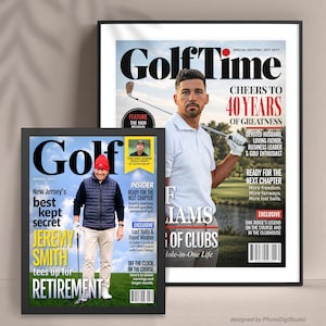 Custom golf magazine cover posters, personalized golf birthday gifts for men, retirement gifts for golfers and golf wall art