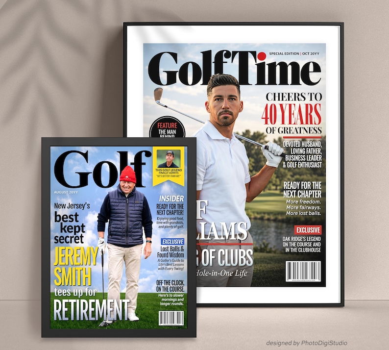 Custom golf magazine cover posters, personalized golf birthday gifts for men, retirement gifts for golfers and golf wall art